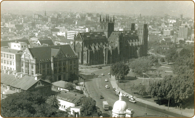 View of St Mary's Cathedral from roof of Wentworth Chambers 1957